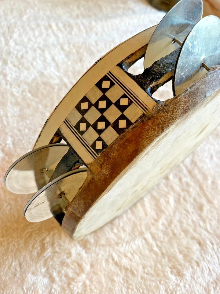 Banda musical vintage de madera de pandereta 291GM cubierta cuero genuino  Foto 2 de 4