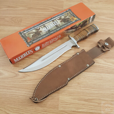 Marbles Fixed Knife 10'' Stainless Steel Bowie Blade Stacked Leather Handle MR621