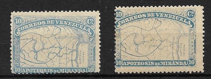 Venezuela: 1896; Scott 138, 10 centimos, Blue, 2 types authentic