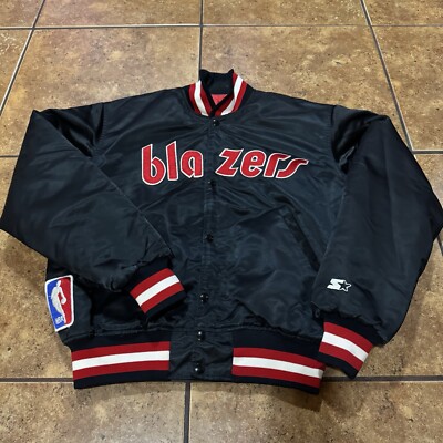 Vtg Starter Portland Trailblazers Jacket Black Satin Bomber NBA Large Blazers