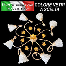 PLAFONIERA IN FERRO BATTUTO 8 L. AVORIO E ORO LAMPADA DA SOFFITTO BAGNO Autunno