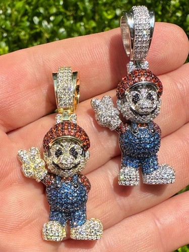 Real 925 Sterling Silver / 14k Gold Plated Super Mario Bros Pendant CZ Iced