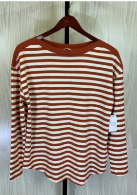 Time & Tru Women's Long Sleeve Rust-Striped Boat Neck Top   Multiple Size #NWT