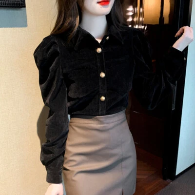 Femme Velours Haut Chemisier Chemise Bouton Revers Col Manches Longues Rétro - Photo 1/4