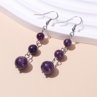 Natural 6-8-10mm Purple Amethyst Round Gems Beads Silver Hook Dangle Earrings AA