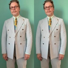 Seersucker Men Suit Summer Menfashion Dlouble Breasted Daily Work Jacket Blazer