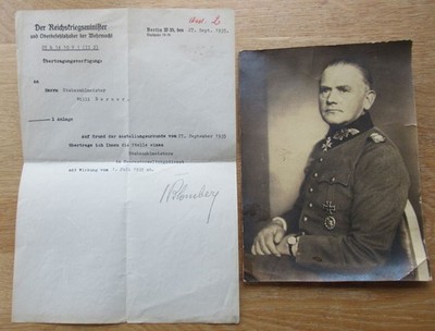Original certificate with signature autograph + photo GFM Werner von Blomberg
