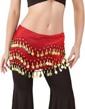 Red 3 Rows Belly Dance Hip Skirt Scarf Wrap Belt Hipscarf w/ Gold Coins US SHIP