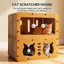 2-Tier Wooden Cat Scratcher House Corrugated Cardboard Cat Condo with Hanging