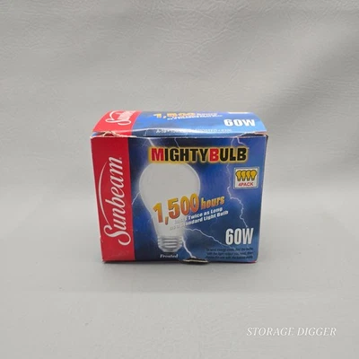 NEW Sunbeam 60W Frosted Light Mighty Bulb A-19, 130V, 1500 Hours, 4 Bulbs in Box - Image 1 of 4