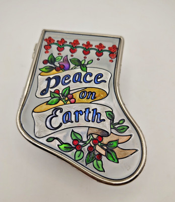 Amia Hand Painte Peace on Earth Trinket Box Christmas Stocking w/ Tiny Ornament