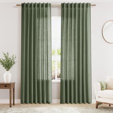 Olive Green Linen Curtains 84 Inches Long for Living Room Back Tab Light Filt...