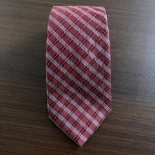 Hart Schaffner Marx Mens Silk Tie Burgundy Red Geometric Plaid USA Made 62โ