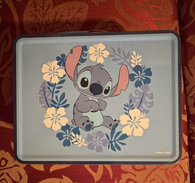 Disney Stitch Metal Lunch Box Floral Rectangular Snap Lid 1 Compartment 2.25L