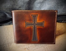 Handcrafted Leather Bifold Wallet - St Michael Archangel  Cross Engraved