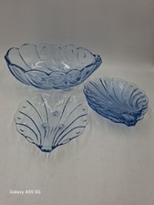 STOLZLE Blue ART DECO Glass Master Bowl & 4 Serving Bowls SHELL SHAPED 