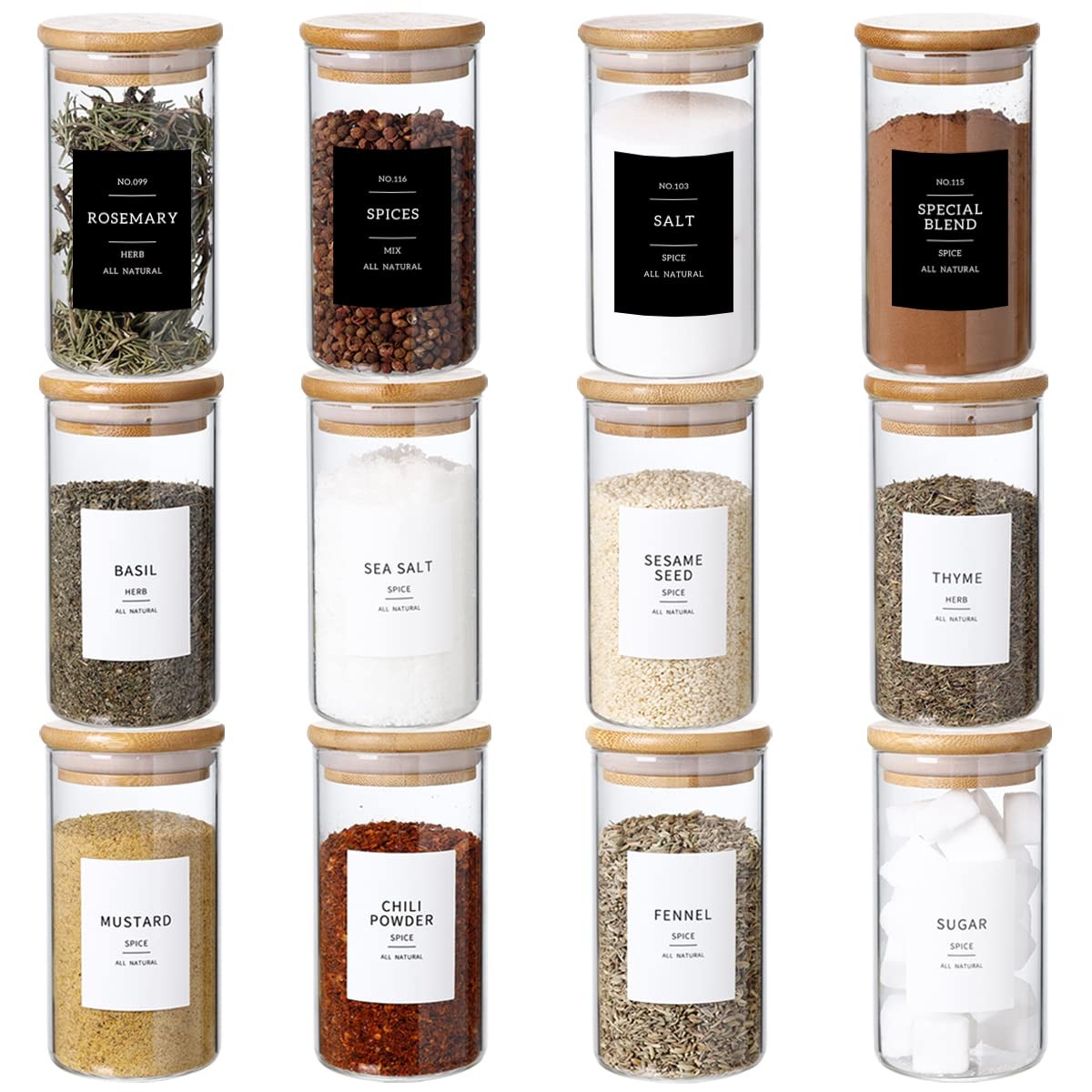 12-Piece Glass Spice Jar Set with 296 Preprinted Black & White Labels