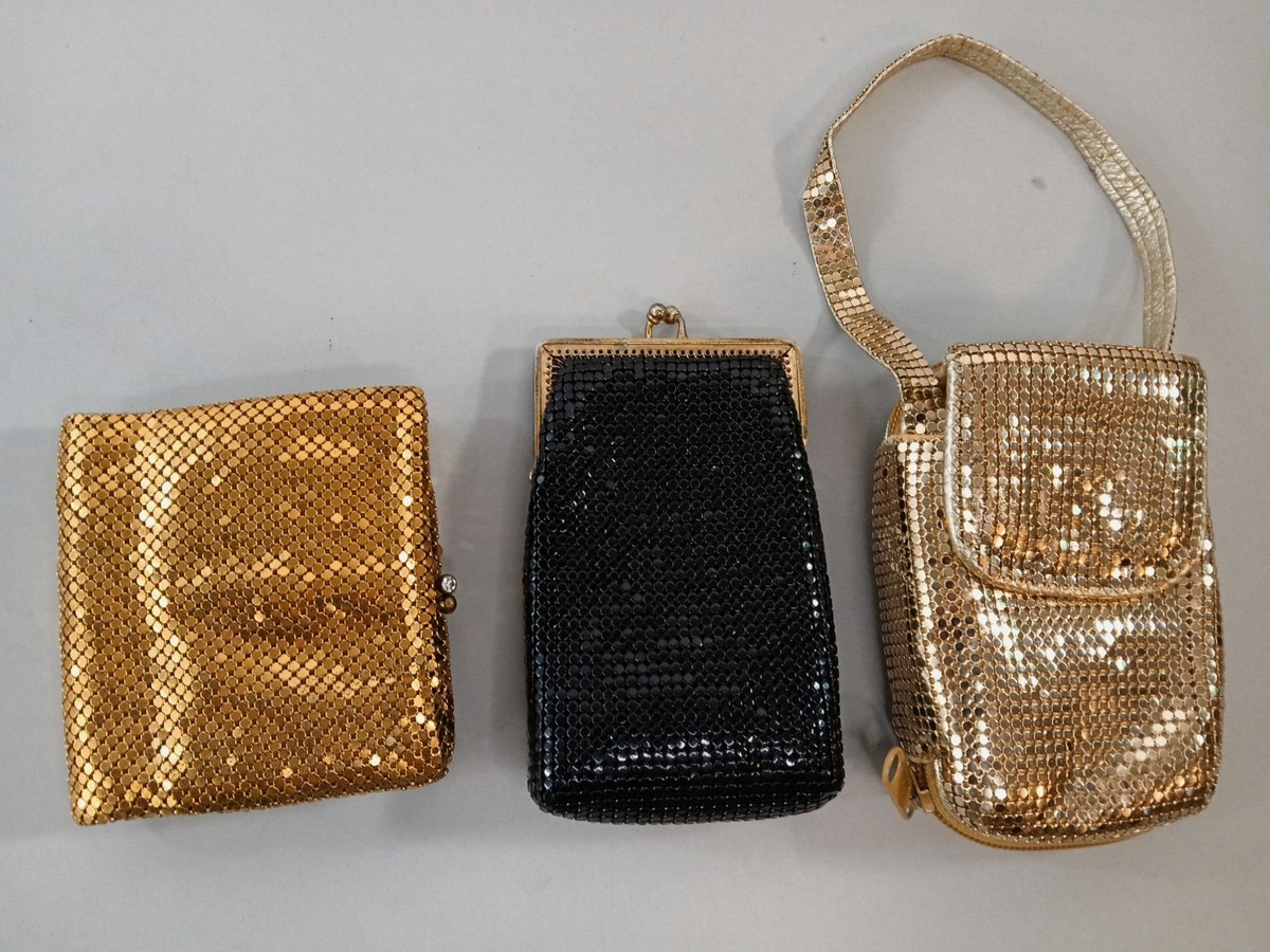 3 Vintage Cocktail Gold/Black Mesh Coin Purse Cigarette Holder Bag /Wallet  Lot