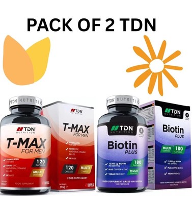 2er Pack TDN T-MAX + BIOTIN PLUS für Männer GESUNDES HAAR, HAUT & NAGELWACHSTUM Vegan