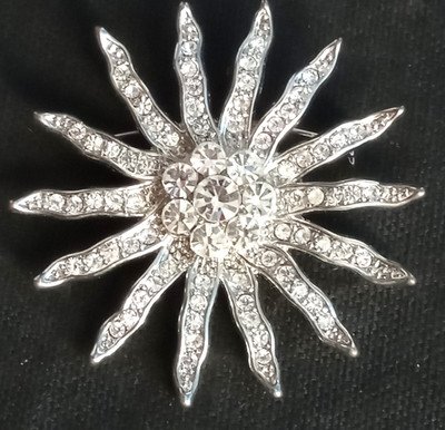 Vintage Rhinestone Brooch Pin Radiant Sun Celestial Atomic Silver Tone Flower