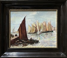 Antique Oil Painting,  Marine, Expressionist Seascape, Yachts, Framed