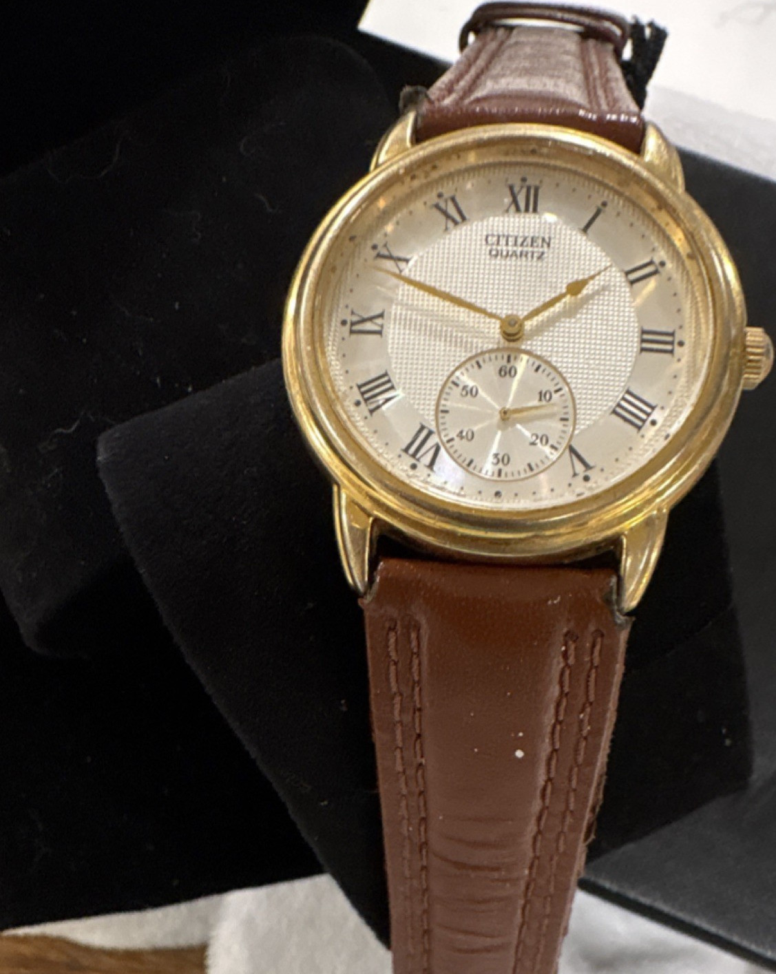 Citizen Vintage Quartz Gold Tone Silver Roman Dial Brown Leather Strap