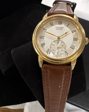 Citizen Vintage Quartz Gold Tone Silver Roman Dial Brown Leather Strap