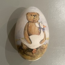 Vintage Easter egg shaped decorative tin box Oscar & Bertie Teddy Bear & Duck
