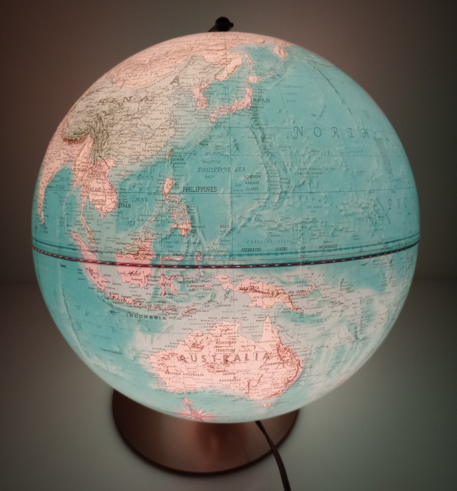 Vintage Replogle 12" Illuminated World Globe 1980s Raised Relief Light-Up Desk