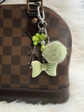 Green Pom Pom Bow Keychain Bag Charm Silver Color Clip Gift Handmade New