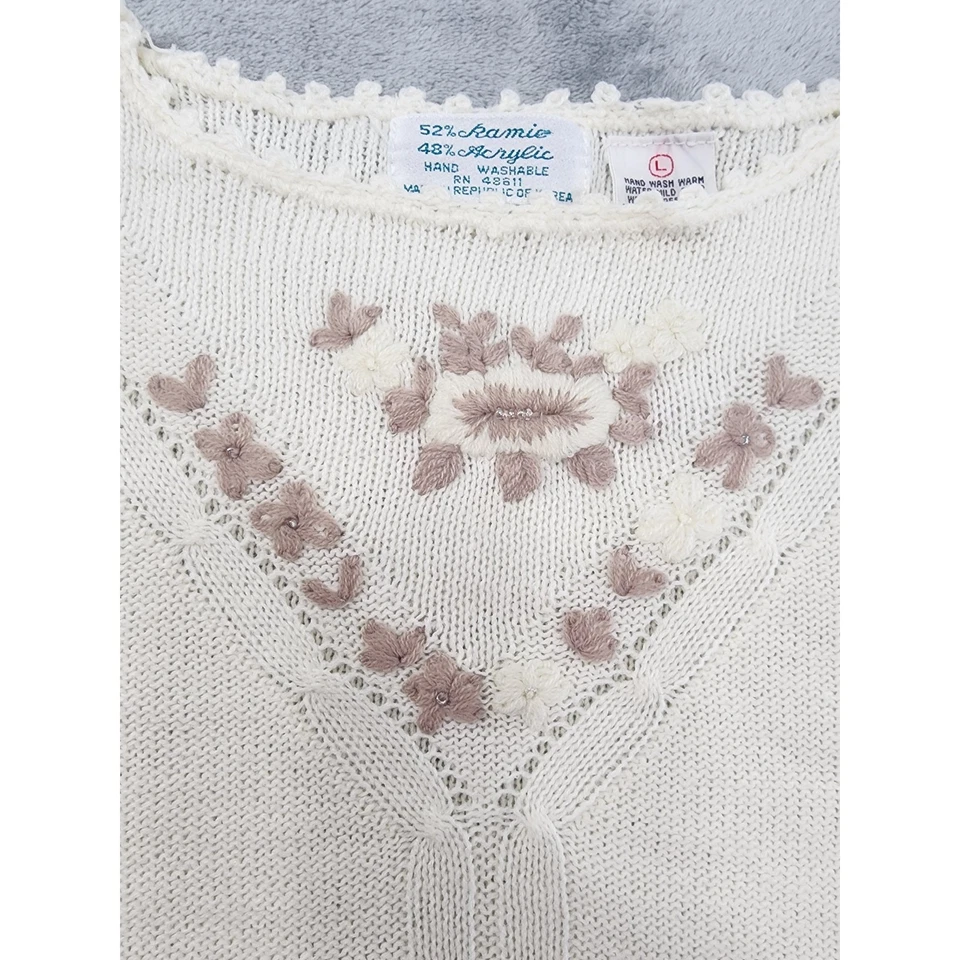 Suéter Vintage Años 70 Bordado Cuentas Cuello Redondo Talla L Crema Bronceado Ramie Acrílico Foto 2 de 4