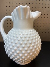 Vintage Fenton White Milk Glass Ruffled Hobnail Pitcher with Ice Lip 9 1/2" tall
