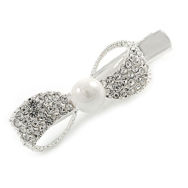 Clear Crystal Bow Hair Beak Clip/ Concord Clip/ Clamp Clip In Silver Tone -