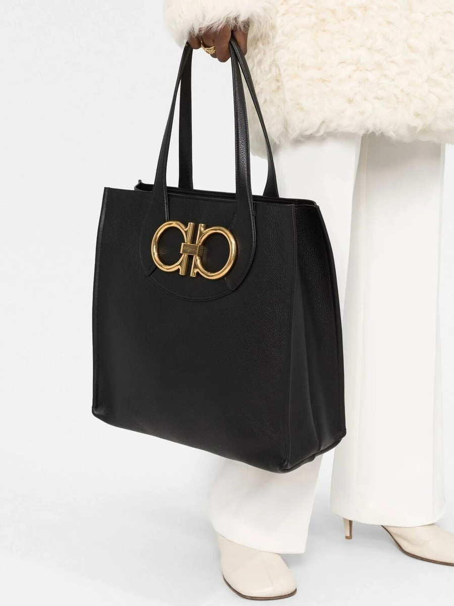 SALVATORE FERRAGAMO Maxi Gancio Black Leather Tote Bag