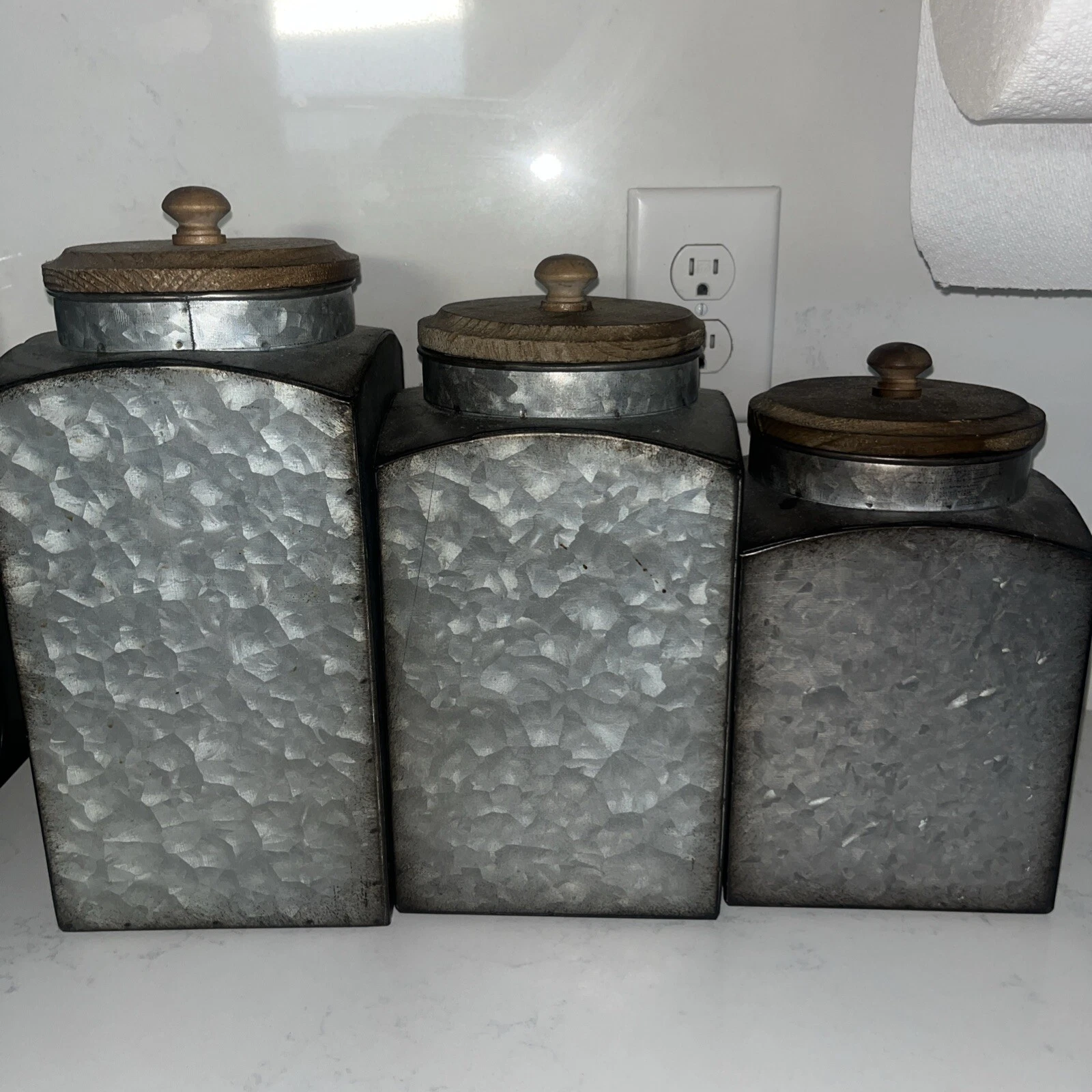 Rustic Style Canisters, Set of 3, Galvanized Metal and Wood Just For Decor READ