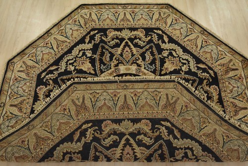 Agra Rug 6’1” x 6’4” Octagon Black Wool Traditional Hand-Knotted Oriental Carpet - Picture 11 of 12