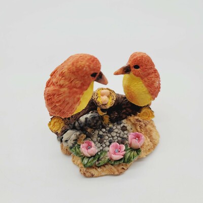 Vintage Figurine Of Birds Admiring Nest Orange With Pink Flowers