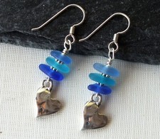 Beach Sea Glass  Sterling Silver Heart Earrings, Artisan Jewelry, Turquoise