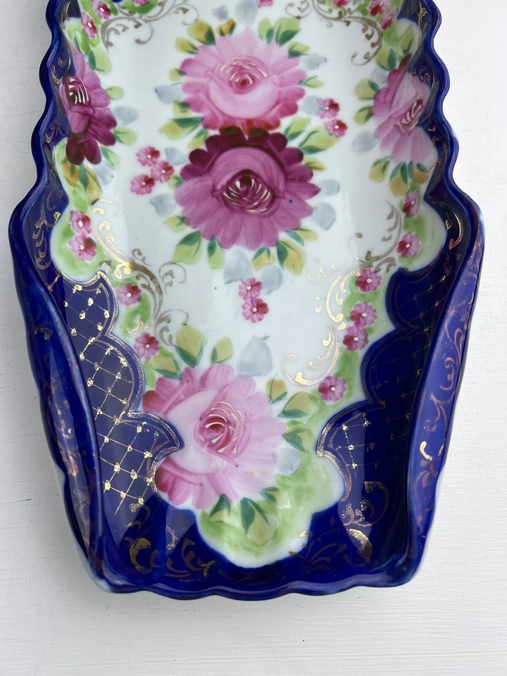 Vintage Ultramarine Blue Gilt Pink Roses Hand-Painted Relish Candy Decor Dish - Изображение 3 из 4