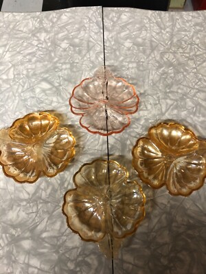 4 VINTAGE- MARIGOLD CARNIVAL GLASS- THREE SECTION- FLOWER SHAPED CANDY DISH
