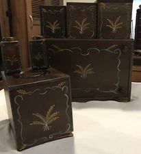 Rare Vintage Woodpecker Wood Ware Wheat Design Japan Kitchen Counter Set