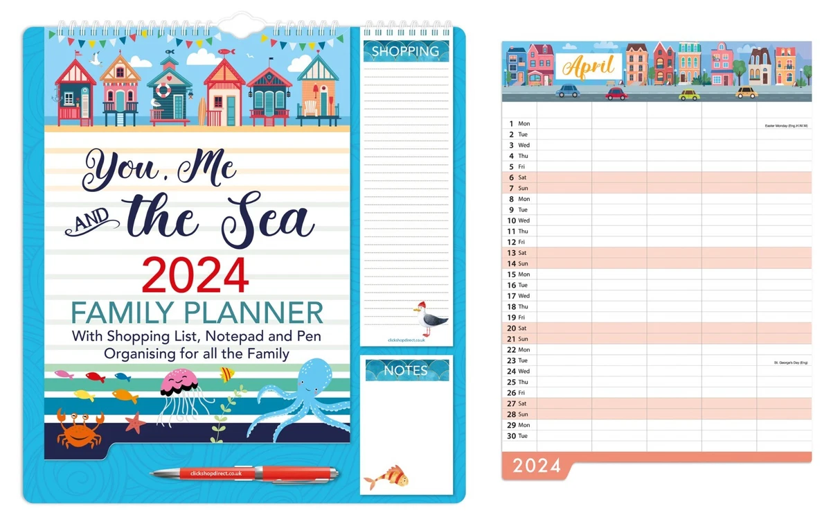 2024 Family Organiser Calendar Planner with Memo Pad, Pen & Shopping List  -Sea