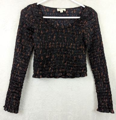 NWOT Open Edit sz XS Textured Crop Top stretchy long sleeves black & brown 1719