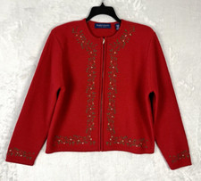 VTG KAREN SCOTT Women's Cardigan XL Red Wool Knit Full Zip Floral Embroidered