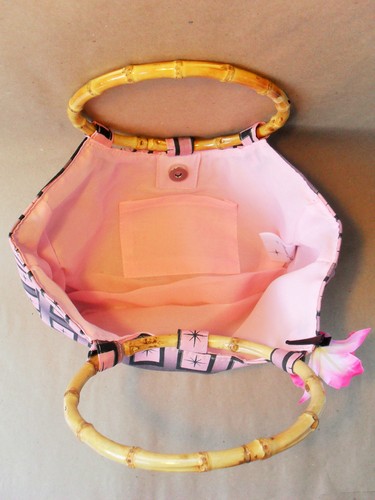 Pink Starburst Square Bamboo Handle Handbag Rockabilly Pinup Vintage Tiki - Picture 5 of 6