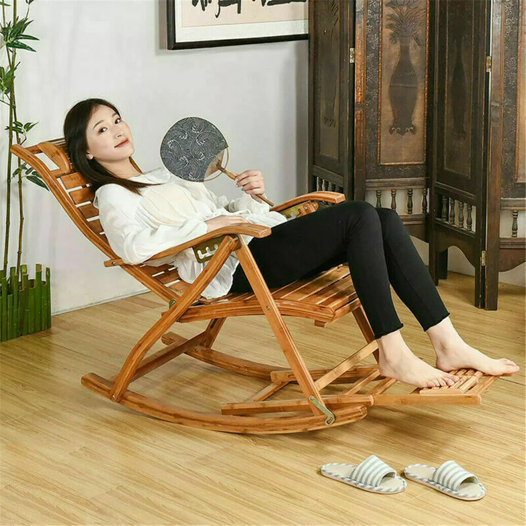 Bamboo Adjustable Lounge Rocking Swing Chair Sunbed Recliner Sun