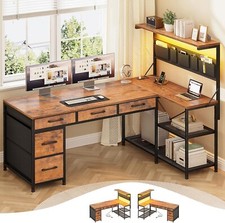 Corner Computer Desk, Reversible L Shaped office Desk with 5 Drawers LED Lights