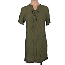 Madewell Shirt Dress Olive Green XS Women's Plunging Lace-up Neckline