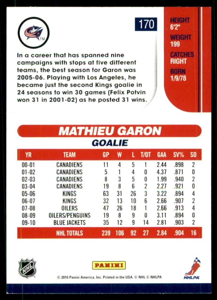 2010-11 Score Mathieu Garon #170 - Image 2 of 2