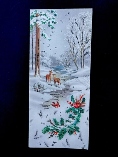 VTG Unused Glittered Xmas Greeting Card Lovely Deer Couple In Stunning Forest - Picture 1 of 3